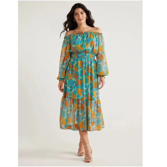 Sofia Women's Off Shoulder Blue Orange Floral Dress Blouson Sleeve Plus Size XXL - Picture 1 of 4